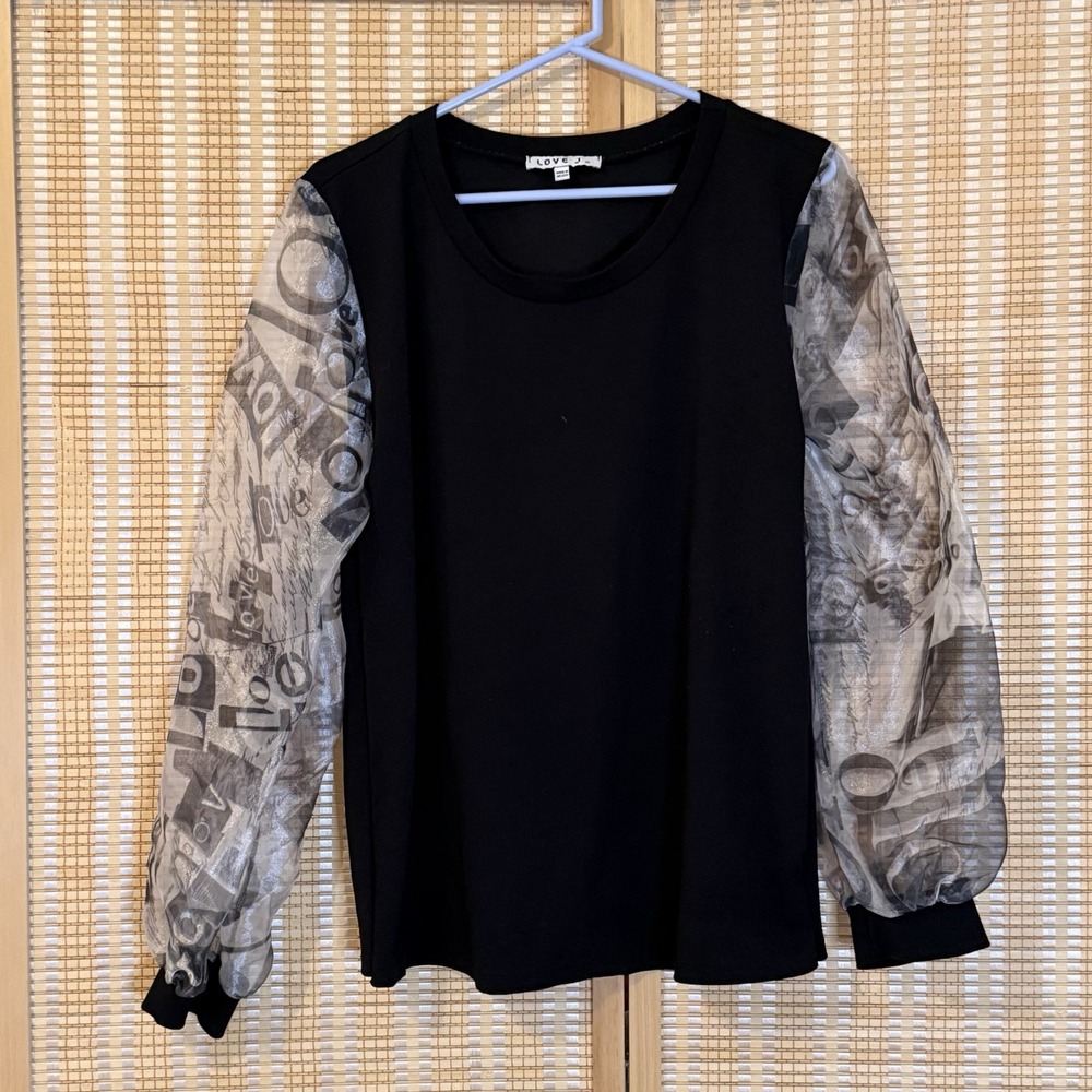 Love J Womens 2X Top Black White Sheer Arms Y2K Preppy Maximalist 80's Boho